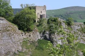 Peveril Castle at Castleton, next to the Peak Cavern lead mine, which overlooks the Joule Yard cemetery