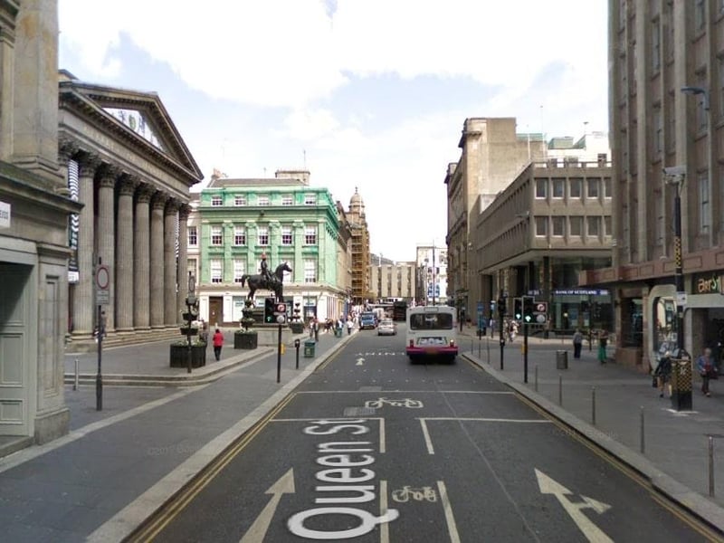 Long regarded an eyesore, the concrete-clad Bank of Scotland building on the corner of Queen Street and Ingram Street has been demolished since this image was taken.