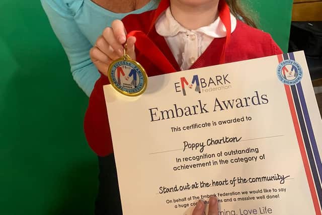 Poppy Charlton has been rewarded at Embark Federation awards after she raised funds to support a charity offering  peaceful getaways for families with seriously ill children or those who have lost their child. In the picture seen with her nan, Sandra Hanrahan, who knew the family of little Ted.
