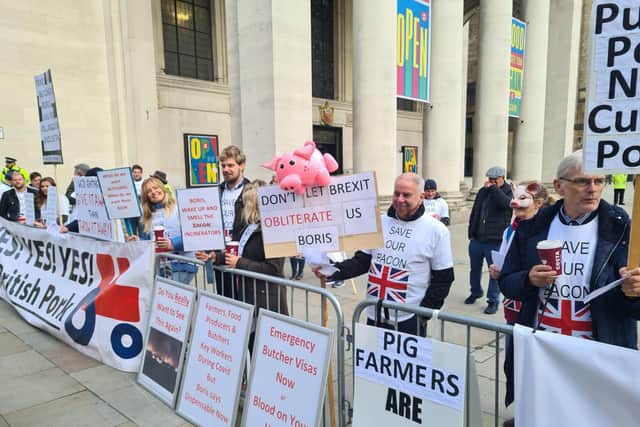 Steve Thompson joined other pig producers to demonstrate in Manchester on Monday morning (4 October) close to the Conservative Party conference, to raise awareness about the crisis affecting their sector.