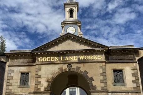 This is the Green Lane Works gatehouse and clock tower, which has Grade II* listed status.