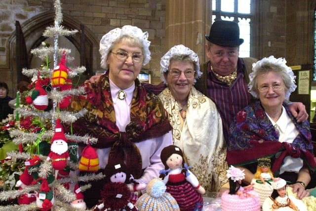 Joan Duffield, Betty Mullett, Vic Hicks and Beryl Depledger on the Diabetes UK stall the Rotherham Parish Church Victorian Fayre in December 2001.
