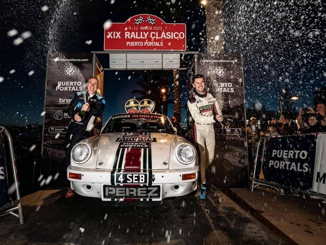 Seb Perez (right) celebrates his win with co-driver Gary McElhinny. Photo: Rally Clasico Isla Mallorca.