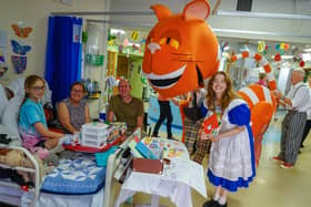 Alice with the Cheshire Cat puppet visits a patient on the Nightingale ward at Chesterfield Royal Hospital.
