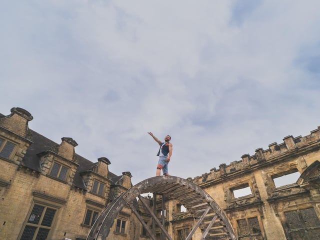 The 12ft moving wheel rolled into Bolsover Castle
