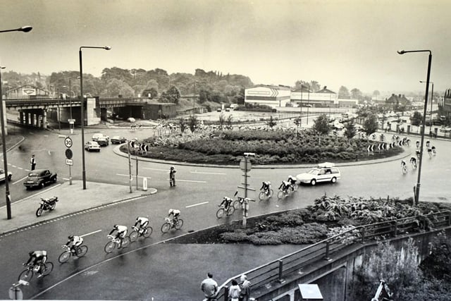 Cycle race going through Horns Bridge roundabout in June 1992.