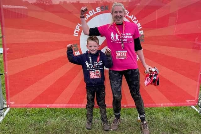 Jack Reid, from Turnditch near Belper, was joined by his mum Kim to tackle the Inflatable 5K at Donington Park.