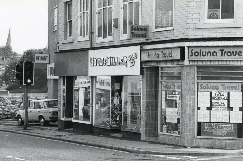This photo shows the Moss & Miller sports shop, as well as the former Lada garage on Chatsworth Road, in the days before the Matalan store was built.