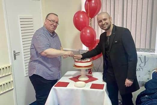 Cake Cutting: Ps. Peter Cavanna (left) and Ben Allsop (right) do the honours ...