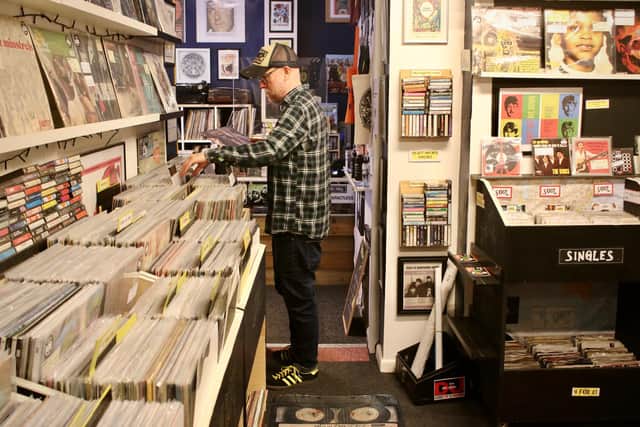 Corey, crate-digging at Vanishing Point Records, Chesterfield