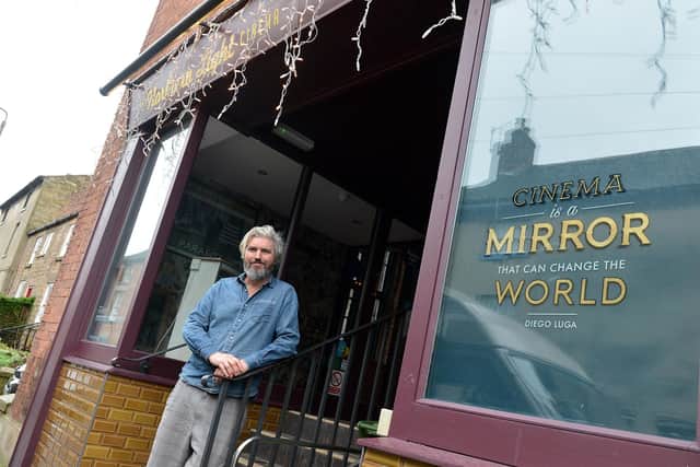 The Northern Light Cinema - Wirksworth. Owner Paul Carr outside the cinema.