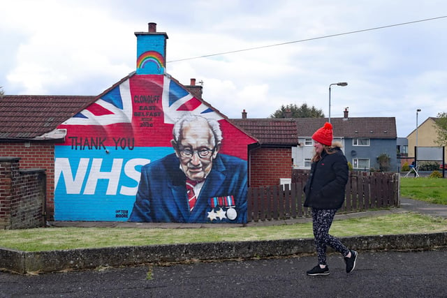 A mural tribute to Colonel Tom Moore on his 100th birthday in Clonduff, east Belfast.