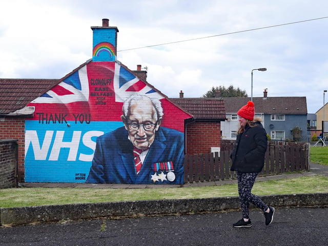A mural tribute to Colonel Tom Moore on his 100th birthday in Clonduff, east Belfast.
