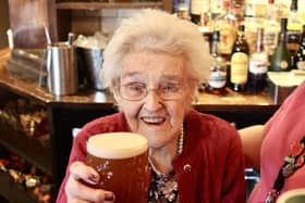 Connie with her pint 
