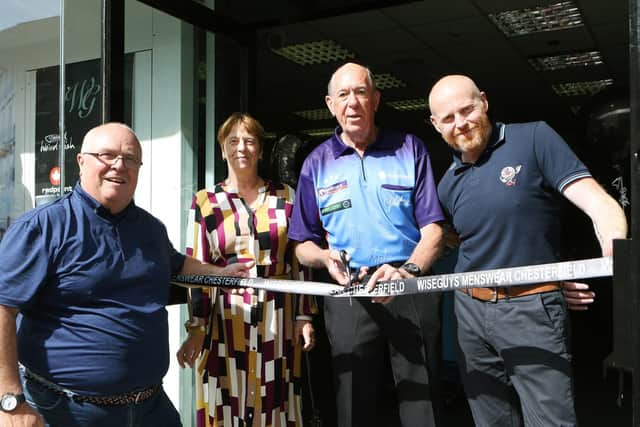 The opening of Wiseguys by John Lowe MBE with Michael Willis, Ann Calvert and Mick Bell.
