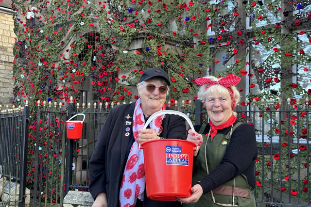 Marion Gerrard, Staveley and district RBL and Bolsover Rotarian Janet woodhead outside the decorated Town Hall