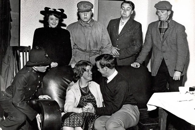Waingroves Dramatic Society members rehearse a scene in the village hall, Waingroves, 1963.