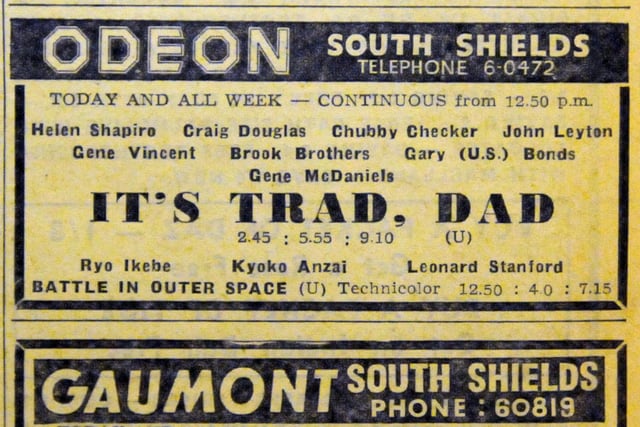 How about a trip to the pictures. The Odeon was showing 'It's Trad, Dad' in this 1962 movie starring Helen Shapiro, Chubby Checker and Gene Vincent.