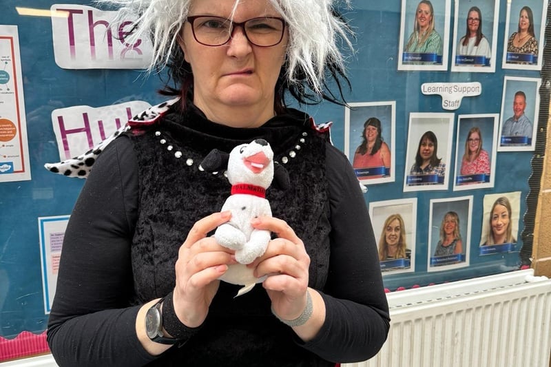 Teaching assistant, Fiona McDermott, dressed as Cruella de Vil, at Whittington Green School