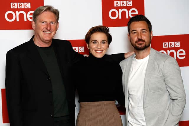 Line of Duty stars Adrian Dunbar, Vicky McClure and Martin Compston. (Photo by John Phillips/Getty Images)