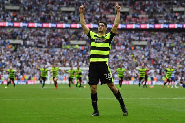 Christopher Schindler scores the winning penalty as Huddersfield win promotion to the Premier League.(Photo by Gareth Copley/Getty Images)