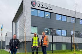 Pictured left to right: James Drury, Brand Manager, Scania, Josh Wilmin, Site Supervisor for Facilit