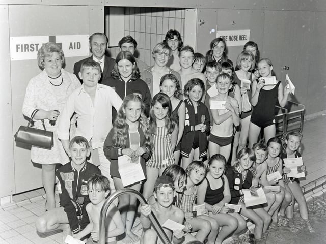 Heanor swimming baths presentation of badges and certificates, November 1971.