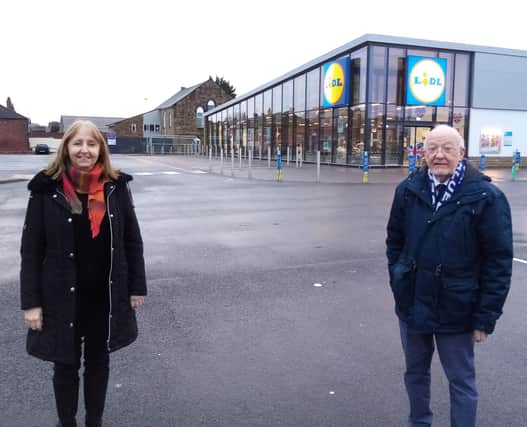 Councillors Keith Falconer and Maggie Kellman outside Lidl in Chesterfield.