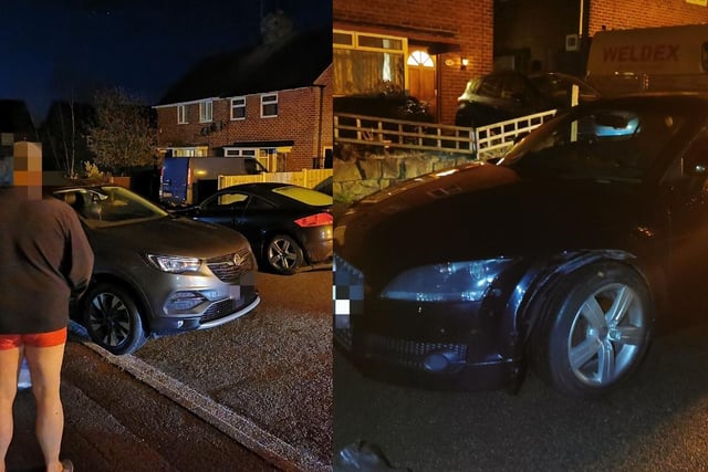 DRPU tweeted: "Alfreton. Audi TT driver crashes in to parked Vauxhall then tries to drive away but car won't move. Blows nearly three times the drink drive limit. Arrested. #Fatal4 #DontDrinkDrive"