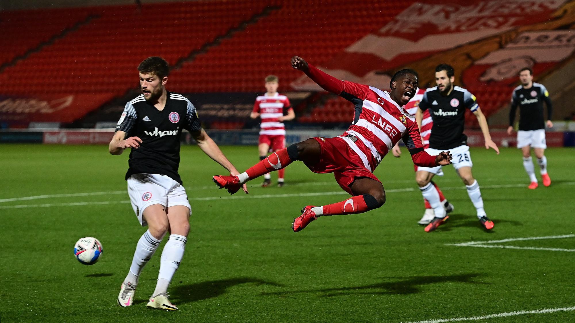 Taylor Richards is felled in the box against Accrington. Picture: Howard Roe/AHPIX