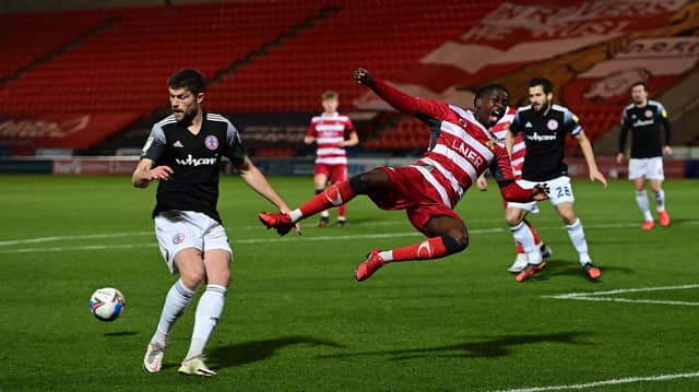 Taylor Richards is felled in the box against Accrington. Picture: Howard Roe/AHPIX