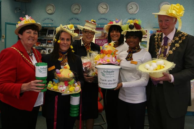 MIdland Co-op Travel held an Easter bonnets fundraiser in aid of Ashgate Hospice. Mayoress Jean Barr, Sandra Robinson, Nicola Joynes, Clare Scattergood, Latoya Williams and  Mayor Peter Barr, pictured left to right.