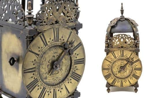The John Frearson of Derby verge lantern clock is estimated to raise £6,000 to £7,000 at auction on JUne 30, 2022.
