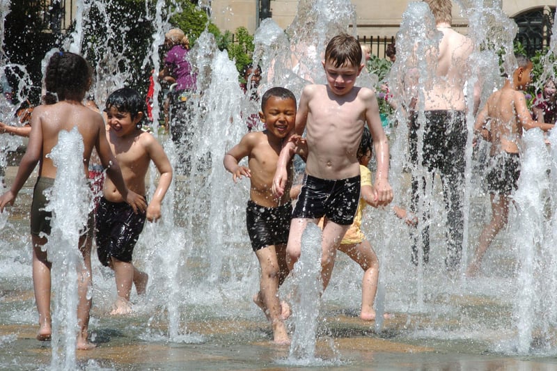 Youngsters cooling down in the Peace Gardens fountain - hopefully the water can be turned back on again soon when it's safe once more