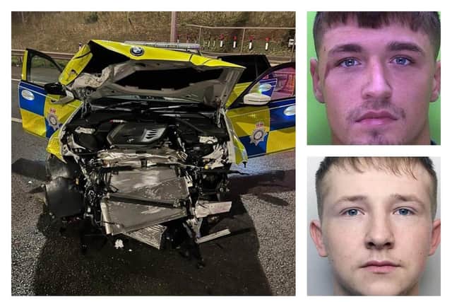 Robert Wingate, top, and Deimantas Palaima were both jailed after destroying a police car by ramming it into crash barriers at speed