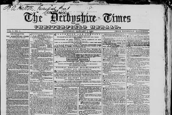 The front page of the first Derbyshire Times. Newspaper image © The British Library Board. All rights reserved. With thanks to The British Newspaper Archive (www.britishnewspaperarchive.co.uk).