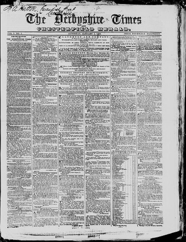 The front page of the first Derbyshire Times. Newspaper image © The British Library Board. All rights reserved. With thanks to The British Newspaper Archive (www.britishnewspaperarchive.co.uk).