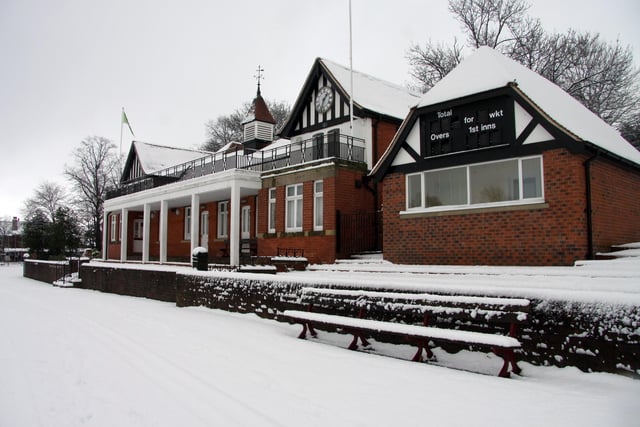 The cricket pavilion covered in snow in December 2010