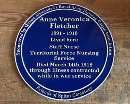 The blue plaque will be displayed on the house where nurse Anne Victoria Fletcher lived in Spital, Chesterfield.