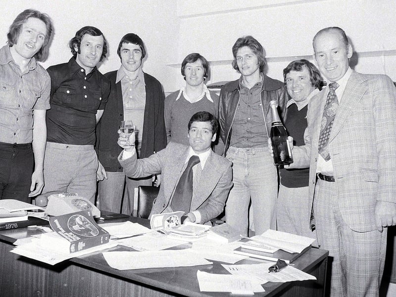 Stags celebrate promotion. Pictured from the left: Kevin Bird, Kevin Randall, Ernie Moss, Ian McDonald, Ian McKenzie, Jerry Clarke, coach,and club chairman Arthur Patrick. Seated is team manager Peter Morris.