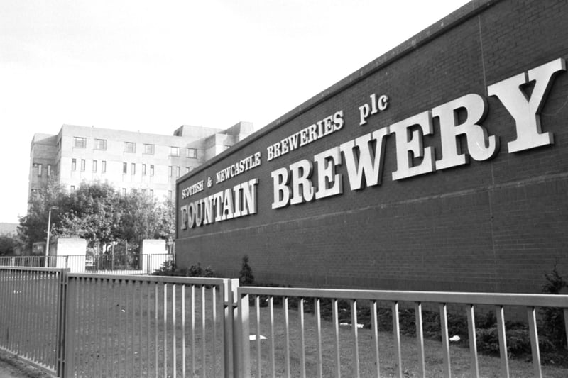 Exterior and sign at Fountain Brewery, the Scottish & Newcastle Breweries site at Fountainbridge in Edinburgh, October 1988.