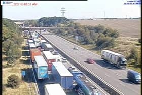The M1 northbound exit slip at Woodall Services is currently closed following a road traffic collision, involving two lorries.