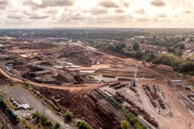 An aerial panoramic view of the new HS2 route and construction site running alongside current railway tracks near Washwood Heath on the outskirts of Birmingham, taken in August 2023.