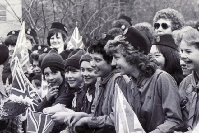 This group of Guides and Brownies welcomed the Queen on her visit to Derbyshire in 1985