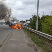 The vehicle fire caused delays near junction 4 of the A50 in Derbyshire yesterday (picture: Derbyshire RPU)