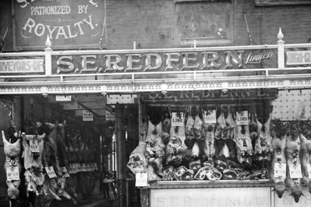 Redfern's butchers shop, High Street Chesterfield, in 1910, with whole animals hung up on display