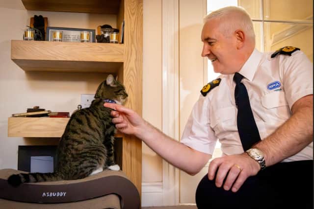 Dermot Murphy, who heads the RSPCA frontline rescue teams, said that the combined effects of the pandemic and the ongoing cost of living crisis has created a perfect storm. Dermot is pictured with a rescued cat Shiela.