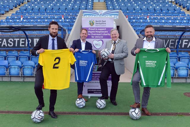 A charity match organised by Coun Martin Thacker, chairman pf NEDDC, will take place at Chesterfield FC. Pictured are Steve Day, from Jewsons, Richard Harding, head of construction Morgan Sindall, Coun Thacker and Jason Stapley, chairman of Pagabo Foundation.
