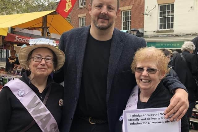 WASPI campaigners Angela Madden (right) and Janet Atkinson with Chesterfield MP Toby Perkins.