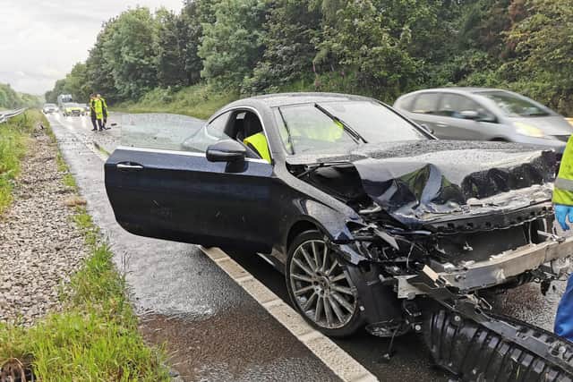 A Mercedes driver crashed his car on the A38 in Derbyshire yesterday while Harry Kane was smashing his 4th minute goal against Ukraine into the net.